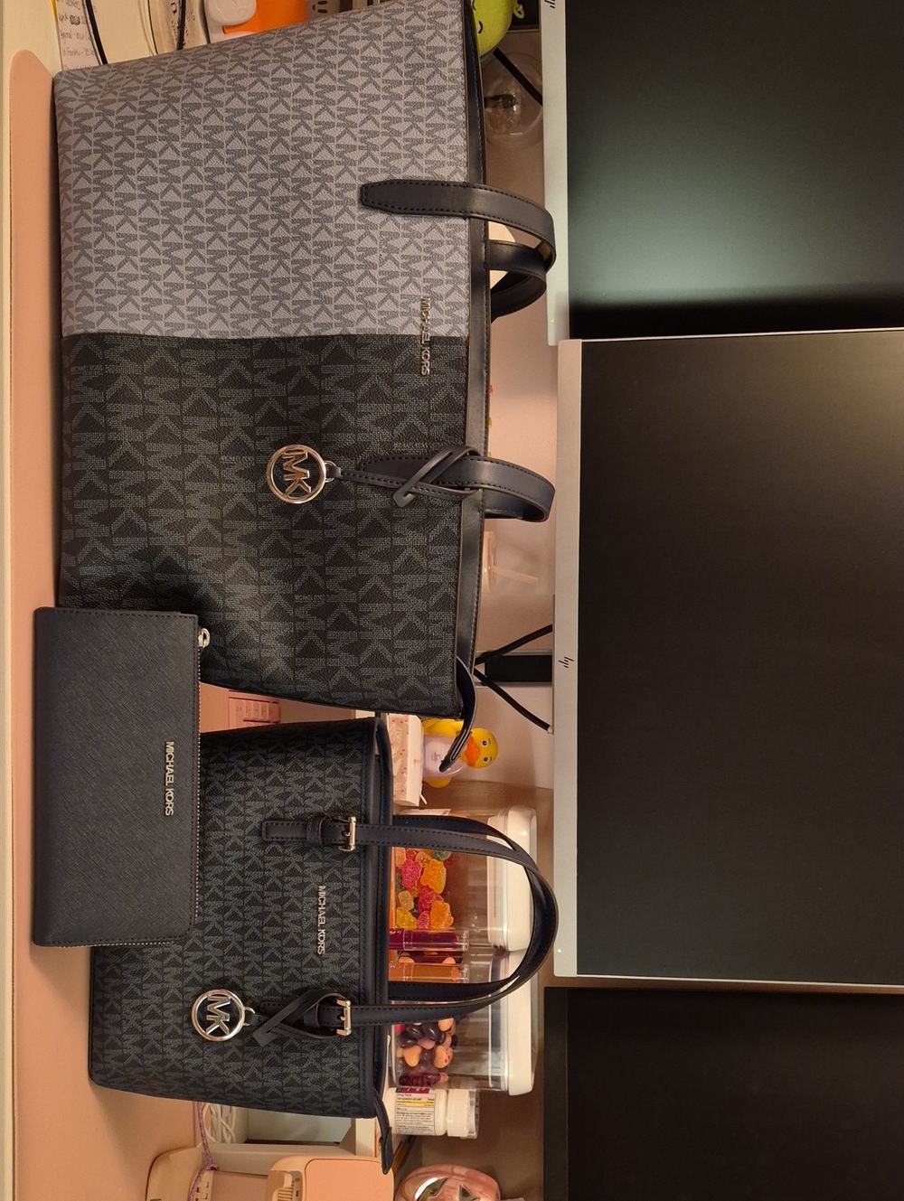 Michael Kors Navy and Gray Signature Three-Piece Tote, Satchel And Wallet Set